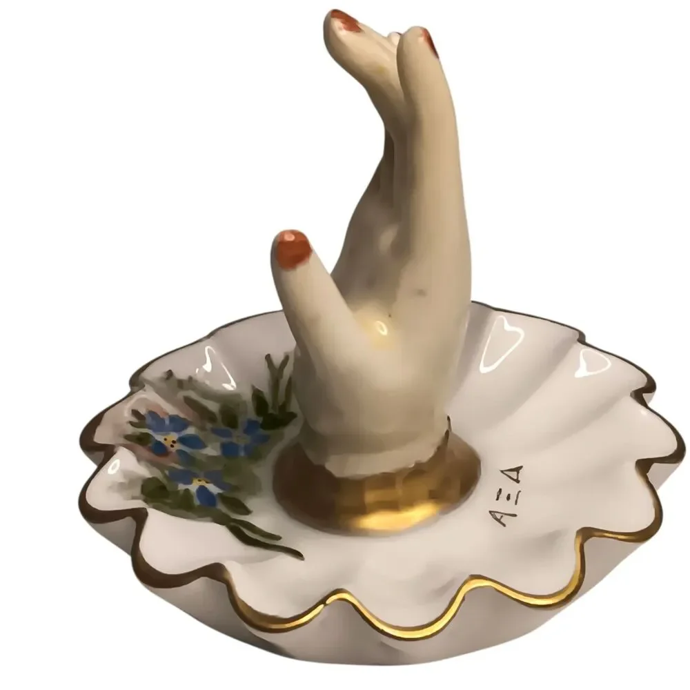 Vintage 1967 Miniature Porcelain Hand Painted Ring Holder Dish Blue Flowers 3.5